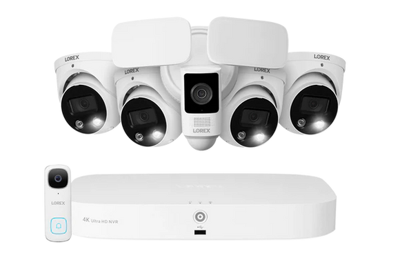 Lorex Fusion Series 4K 16 Camera Capable (8 Wired + 8 Fusion Wi-Fi) 2TB NVR System with Four H13 IP Dome Cameras, One 2K Wired Doorbell, and One 2K Floodlight