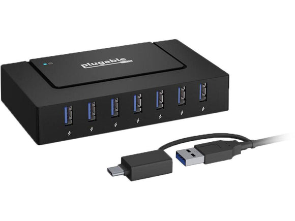 Plugable 7-in-1 USB Charging Hub with Data Transfer for Laptops with USB-C or USB 3.0 - Multiport Charging and USB Data Transfer - 60W Power Adapter