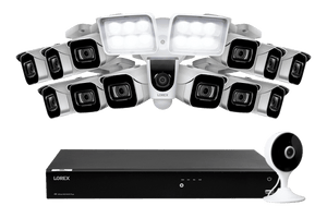 Lorex Fusion 4K 16-Channel 3TB Wired NVR System with 8 IP Bullet Cameras, One 1080P Floodlight and One 2K Indoor Wi-Fi Camera