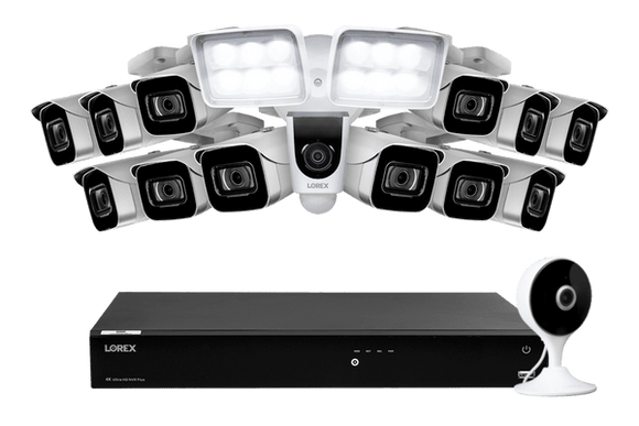 Lorex Fusion 4K 16-Channel 3TB Wired NVR System with 8 IP Bullet Cameras, One 1080P Floodlight and One 2K Indoor Wi-Fi Camera