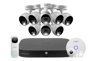 Lorex Fusion 4K 20-Channel (16 Wired and 4 Wi-Fi) 2TB DVR System with 8 Analog Active Deterrence Cameras, 2K Video Doorbell and Smart Sensor Kit