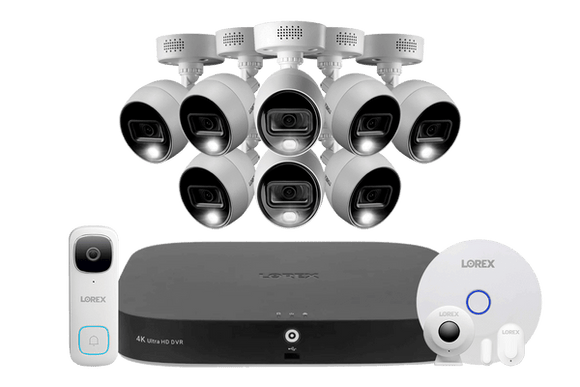 Lorex Fusion 4K 20-Channel (16 Wired and 4 Wi-Fi) 2TB DVR System with 8 Analog Active Deterrence Cameras, 2K Video Doorbell and Smart Sensor Kit