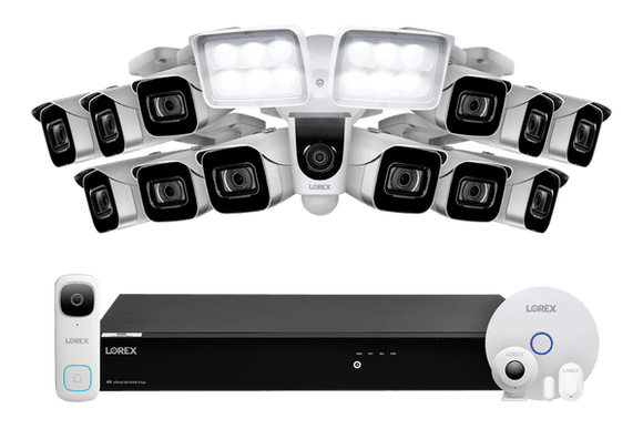 Lorex Fusion 4K 16-Channel 3TB Wired NVR System with 12 IP Bullet Cameras, 2K Video Doorbell, One 1080P Floodlight and Smart Sensor Kit