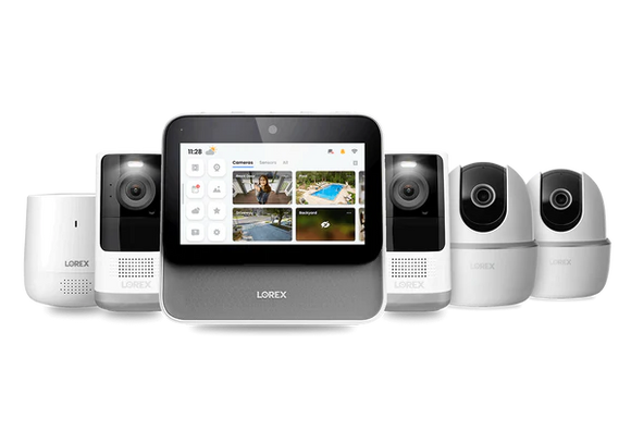 Lorex Smart Home Security Center with 2K Wire-Free Cameras, Two 2K Pan-Tilt Indoor Wi-Fi Security Cameras and Range Extender