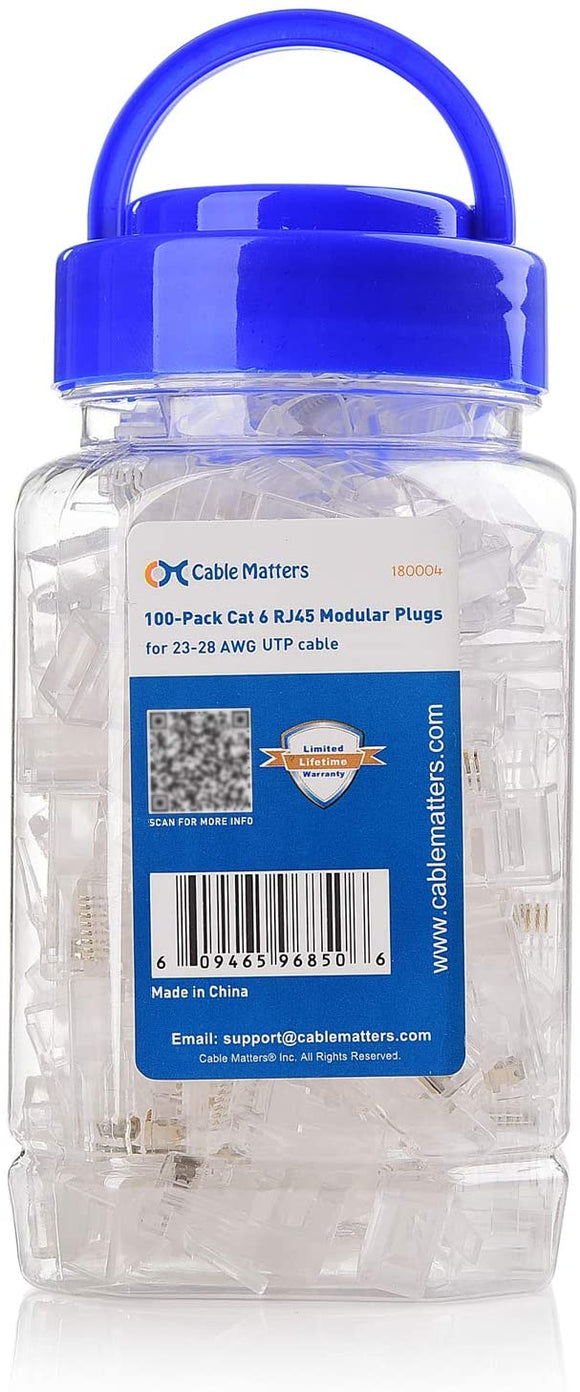 Cable Matters 100 Pack RJ45 Modular Plugs (RJ45 connectors / Cat6 Connector) for Solid or Stranded UTP Cable